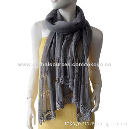 Woven scarf with grey yarn dyed and lace, textured structure, made of linen, size of 180*70cm